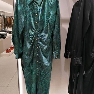 ZARA green satin paisley print ruched shirt