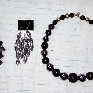 Silver & Black Garland With Two Pair Of Earrings!