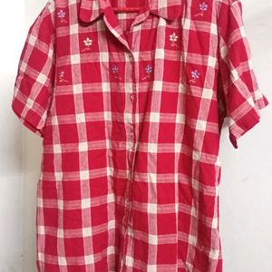 Red Check Cotton Shirt With Embroidery