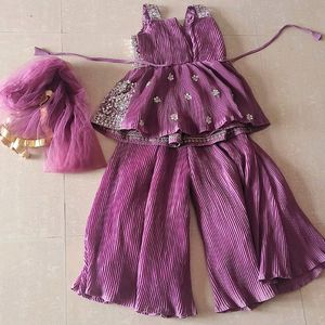 Purple Square Neck Girls Palazzo Set Sharara