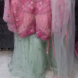 Pink and Sea Green Lehnga Choli Duppata Set