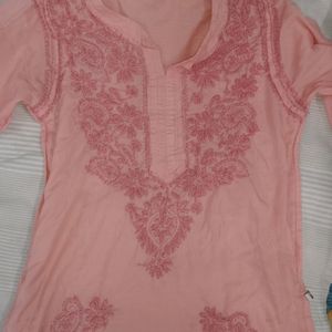 Chikankari Embroidery Peach Kurti