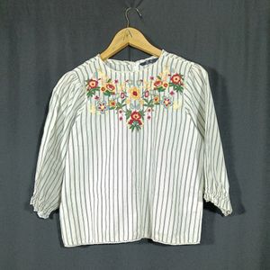 Off White Floral Thread Embroided Top (Women)