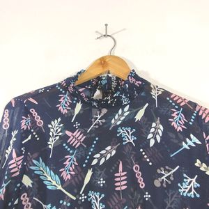 Navy Blue Leaf Print Top (Women's)