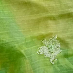 Green Chiffon Saree Pearl  With Stiched Blouse