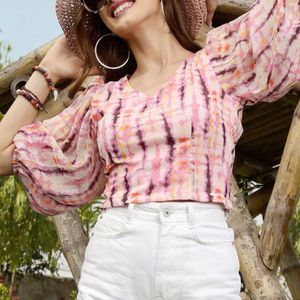 Sera Pink & Purple Tie and Dye Puff Sleeves Top