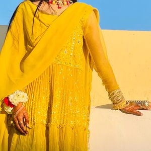 Yellow Short Kurti With Pleated Ghrara Dupatta