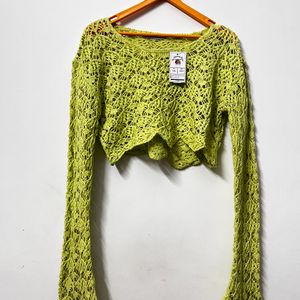 Neon Green Crochet Flared Sleeve Top