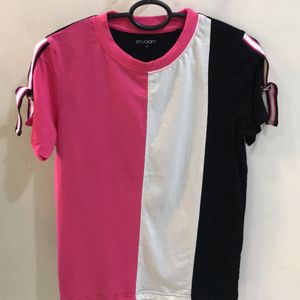 Pink,White And Black Buckle Sleeve T-shirt