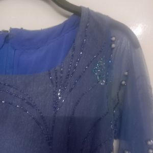 Blue Handwork Net Gown with crush lining, Duppatta