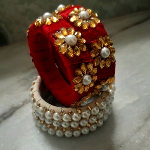 Red Velvet White Pearl Royal Bridal Bangles Set