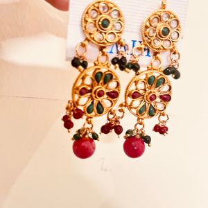 Best Quality Kundan On brass earrings, maroon, green and white colour, combo Jaipuri style earrings