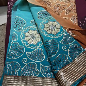 Brown Blue Fancy Saree