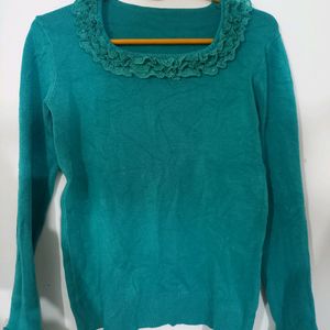 Floral Neck Design Blue Sweatshirt For Women.