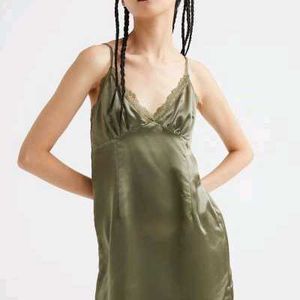 H&M lace trim Kakhi Green satin slip dress