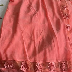 Peach Saree With Blouse (floral Border Throughout)