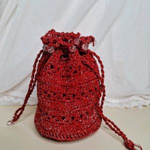 Red Zari Handwoven Crochet Bag