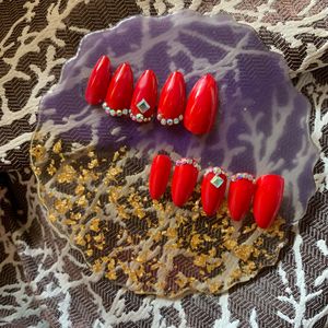 Red Rhinestones Press On Nails