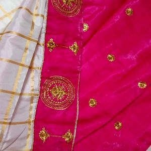 Pink,White And Golden Festive Saree