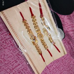 New Gold-Toned & Red Set of 3 Designer Rakhi