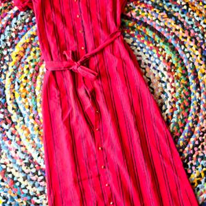 Red Stripe Long Short Dress Along With Fabric Belt