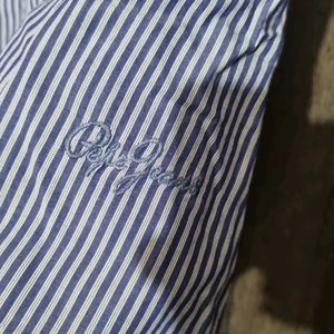 Blue Striped Chinese Collared Shirt For Women