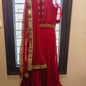 Maroon Partywear Gown With Golden Border Dupatta