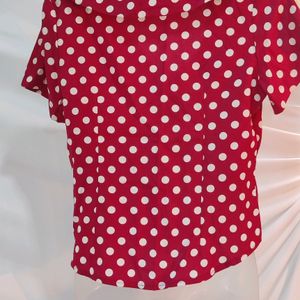 Front Button Polka Dot Frill Trim Blouse