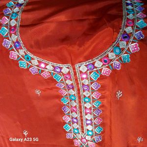 Silk geru Rust clr embroidery work with dupatta