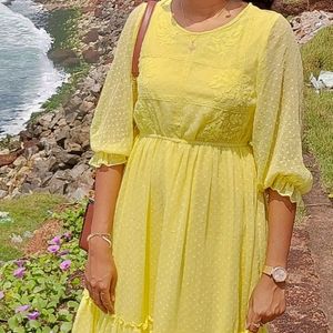 Women Dress. Dobby Weaved Yellow Dress. M Size