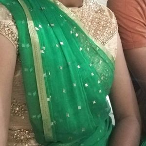 Green Colour Saree With Gold Dots...No Blouse