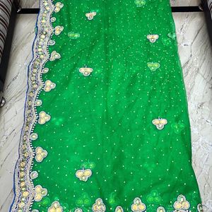 Green Color Net Embroidery Saree Without Blouse