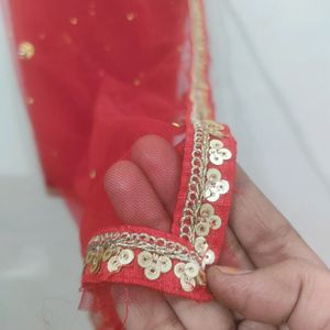 Red Net Dupatta With Four Side N Stone Work