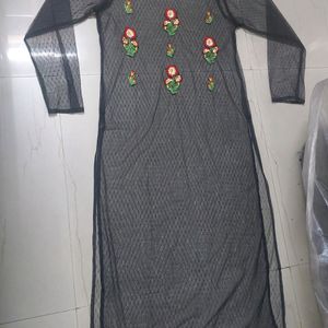 Trendy Black Straight Net Kurti(M)