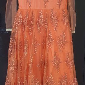 Orange Offshoulder Net Ethnic Gown