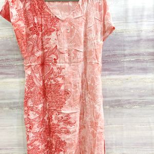 Beautiful Cotton Printed Kurti, Red And Offwhite C