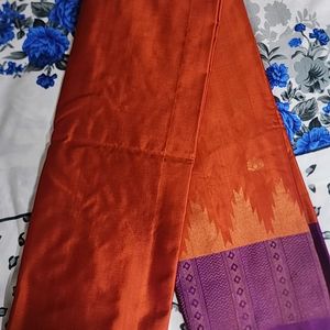 Reddish Orange With Purple Silk Saree