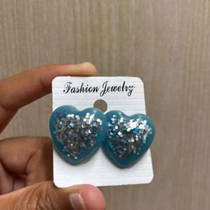 Heart Shape Glittered Earings In Blue Colour