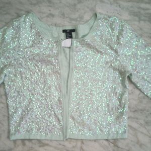 Sequined Woolen Short Styled Light Green Top