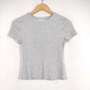 H&M Grey Plain Round Neck T-Shirts (Women's)