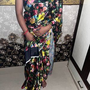 Black floral saree with attached blouse