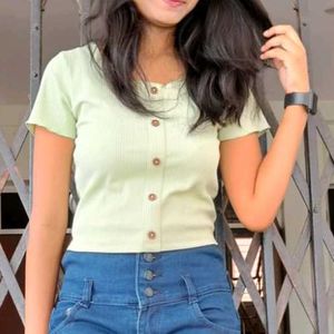 Half Sleeves Regular Green Crop Top