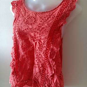 Forever New Coral Eyelet Lace Top