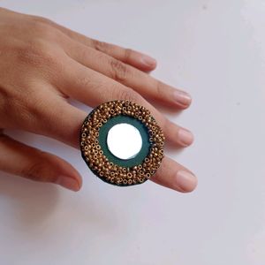 Mirror Dark Green And Golden Adjustable Ring