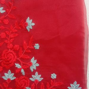 New Red Organza Saree With Unstitched Blouse