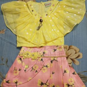 Yellow And Pink Skirt & Top For Kids