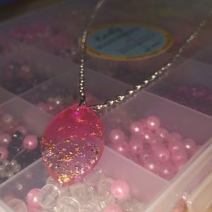 Pretty Pinkish Crystal Pendant With Silver Chain!!