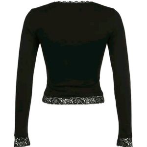 Matte Black Lace Full Sleeves RibbedTop