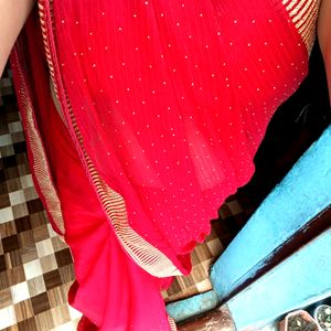 Red Saree Beautiful Border With Blouse Size 42