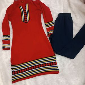 Red kurta with blue pajami woolen